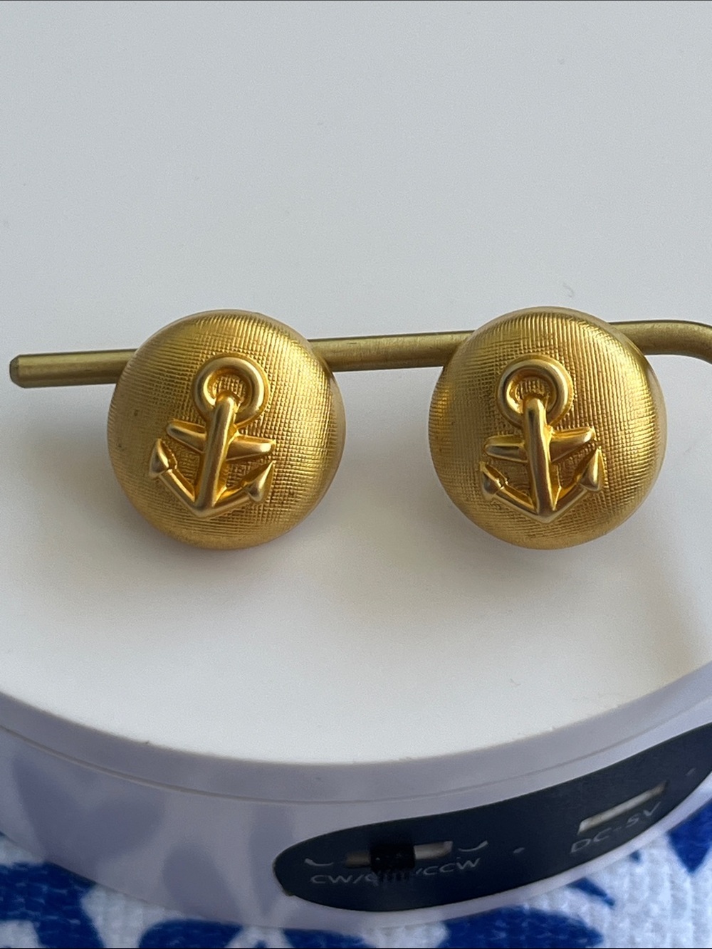 Round Raised Dome Gold Anchor Earrings Pierced 20mm